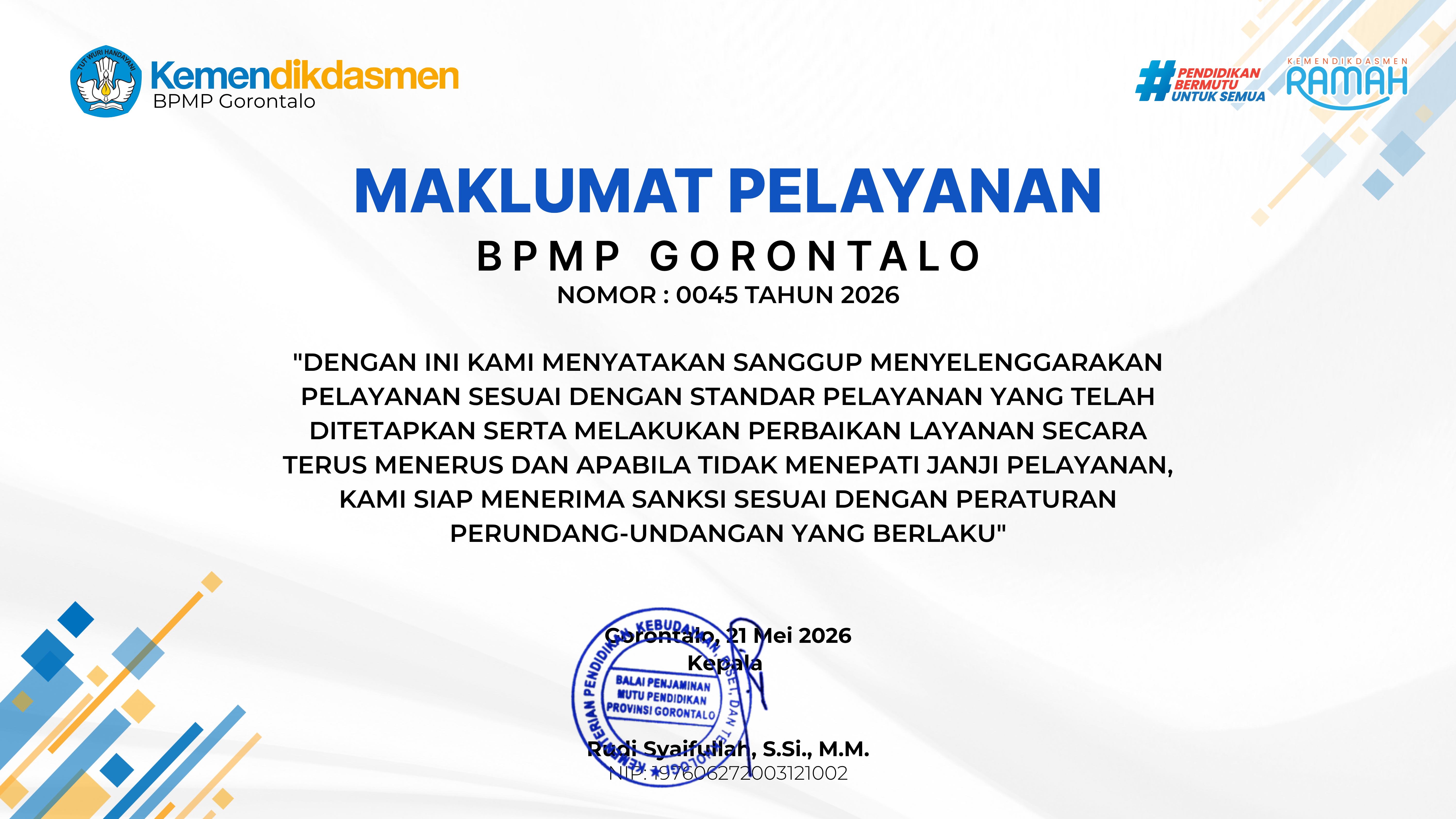 Maklumat Pelayanan BPMP Gorontalo